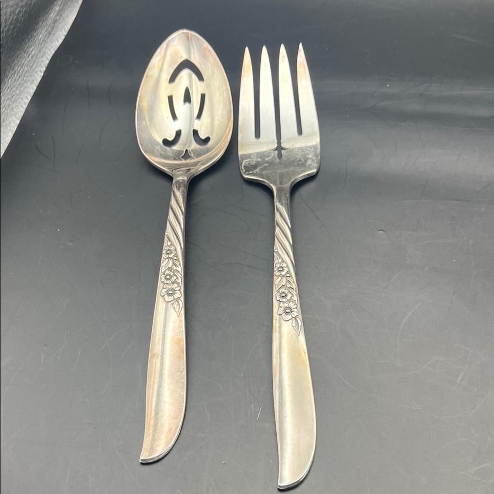 ROGERS Wildwood Always Vintage Floral Stainless Serving Spoon & Fork - Silver